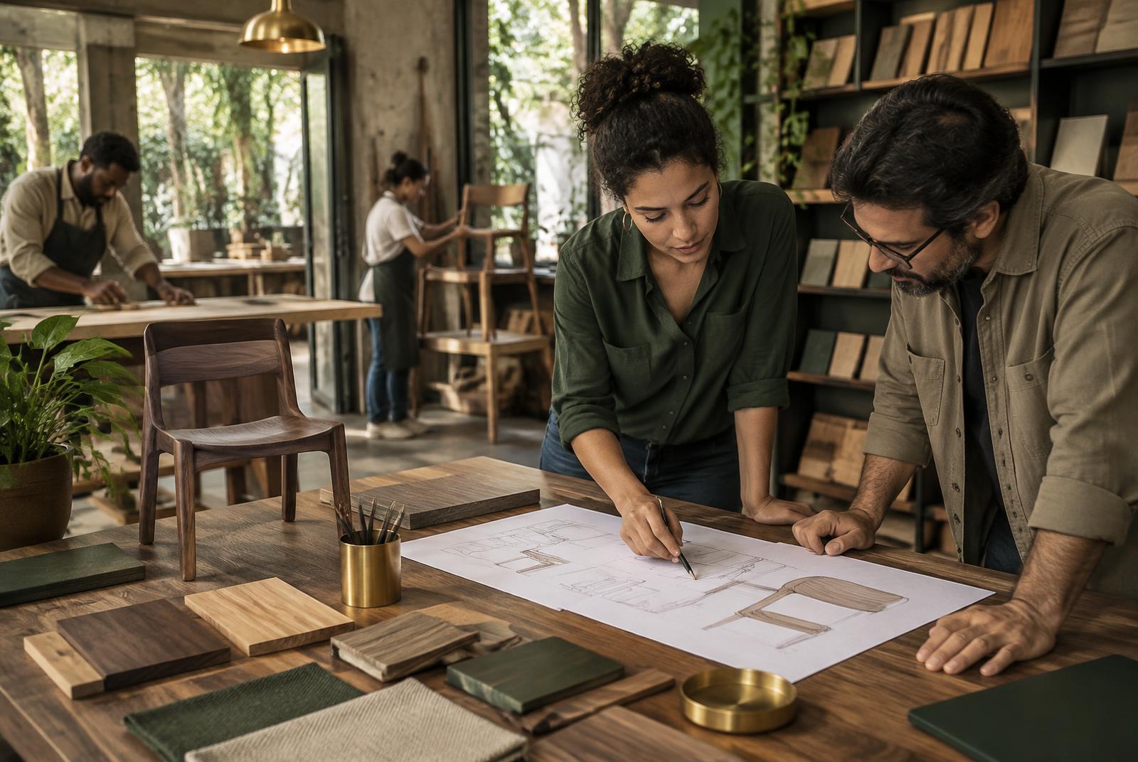 Profissionais analisando desenho e amostras de materiais